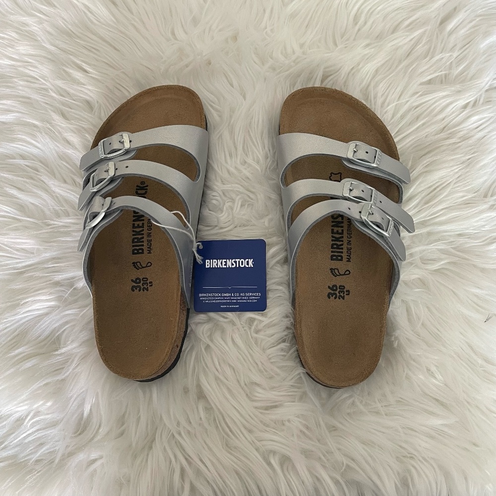Birkenstocks Florida Birko-Flor Sandal, silver, size 5 eu36, NWT